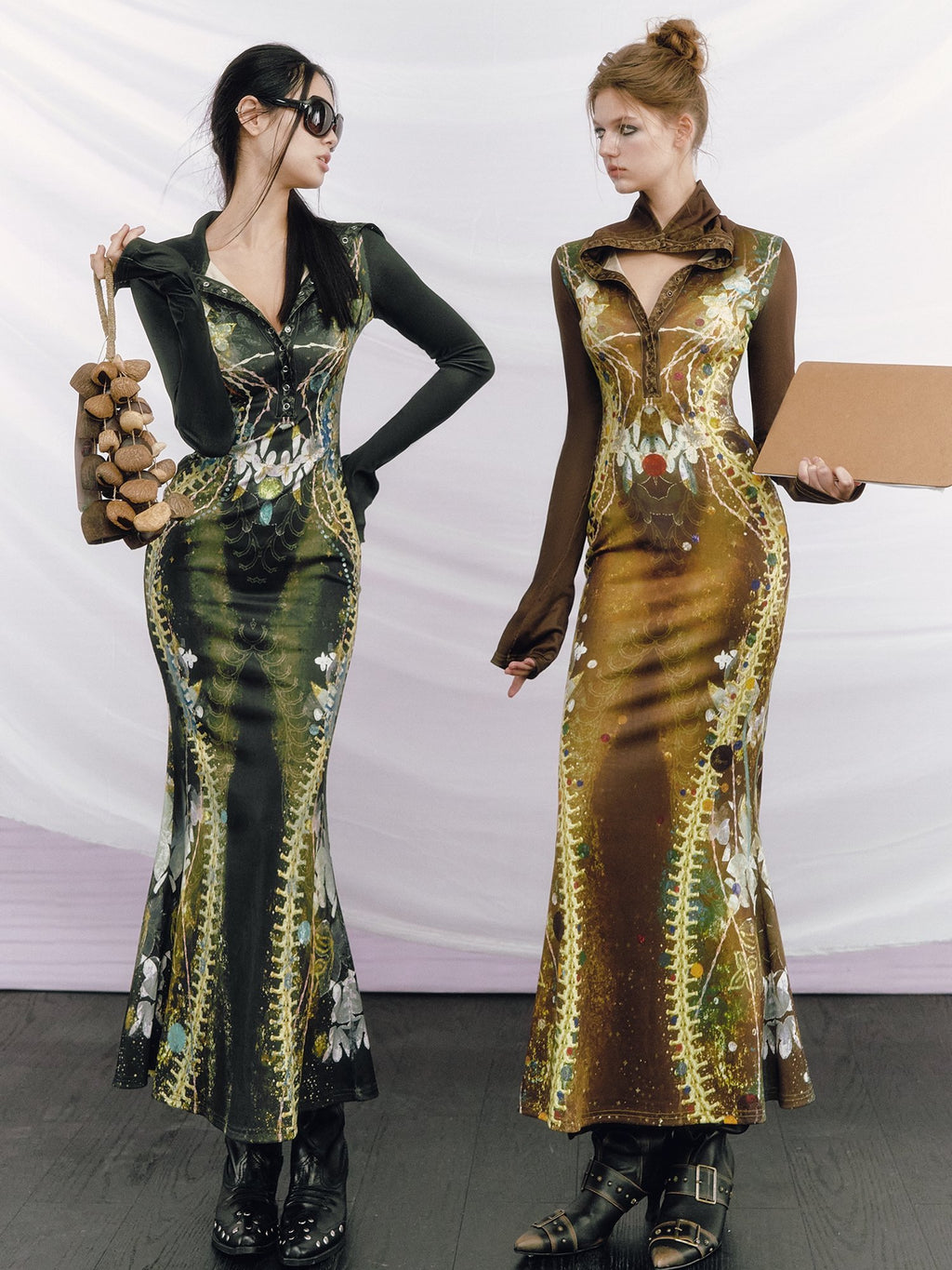 OfAkiva Minimalist Printed High Waist Fitted Long Sleeve High Neck Women Maxi Dresses
