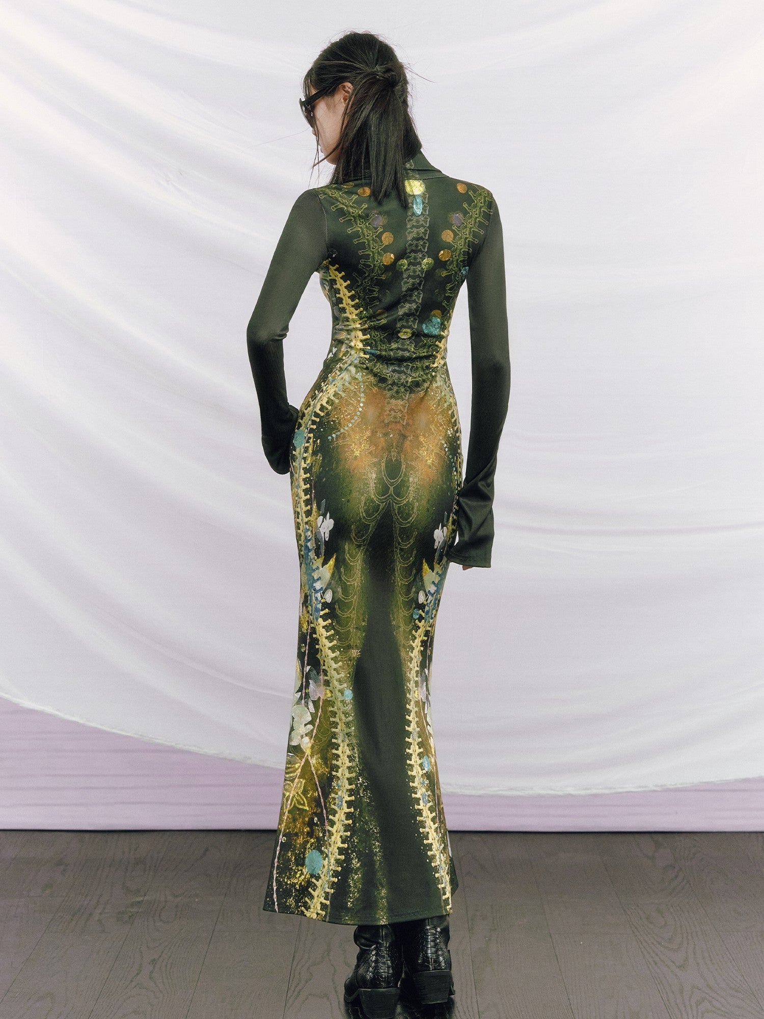 OfAkiva Minimalist Printed High Waist Fitted Long Sleeve High Neck Women Maxi Dresses