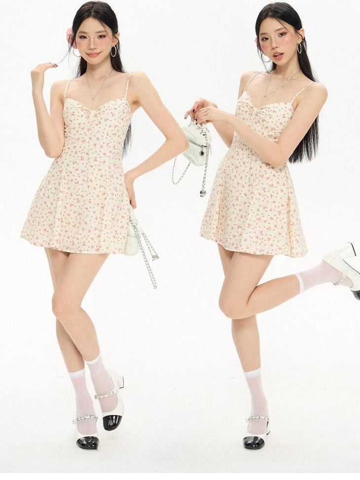 ZERO Floral Padded Bust High Waist A Line Knit Slim Fit Women Casual Mini Dresses