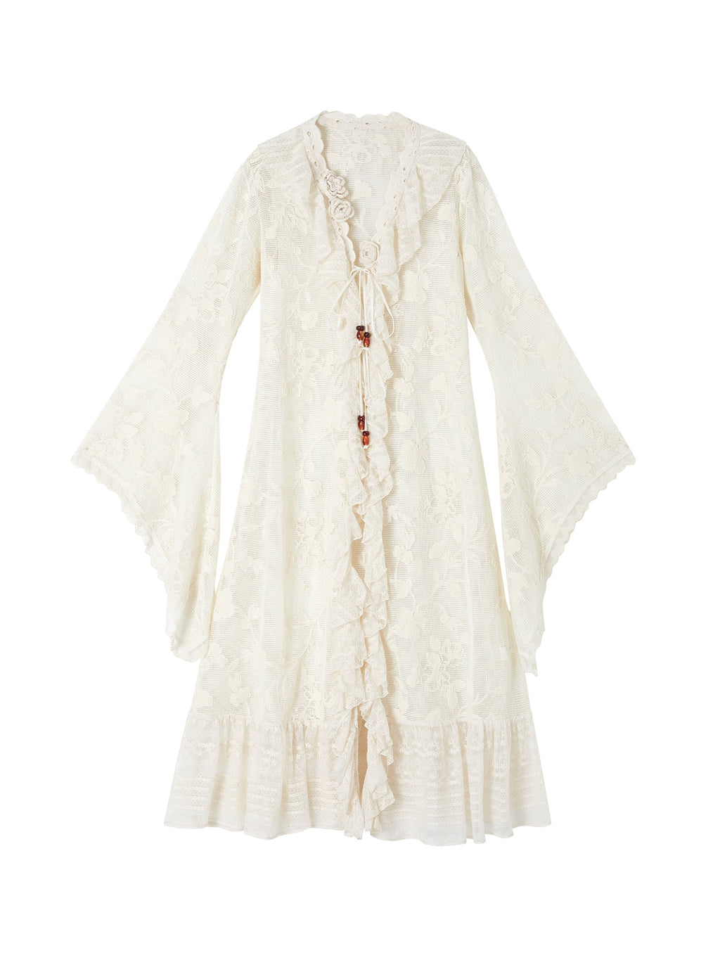 OfAkiva Breathable Lace Floral Tie Waist Slim Long Sleeve Casual Spliced Women Cardigans