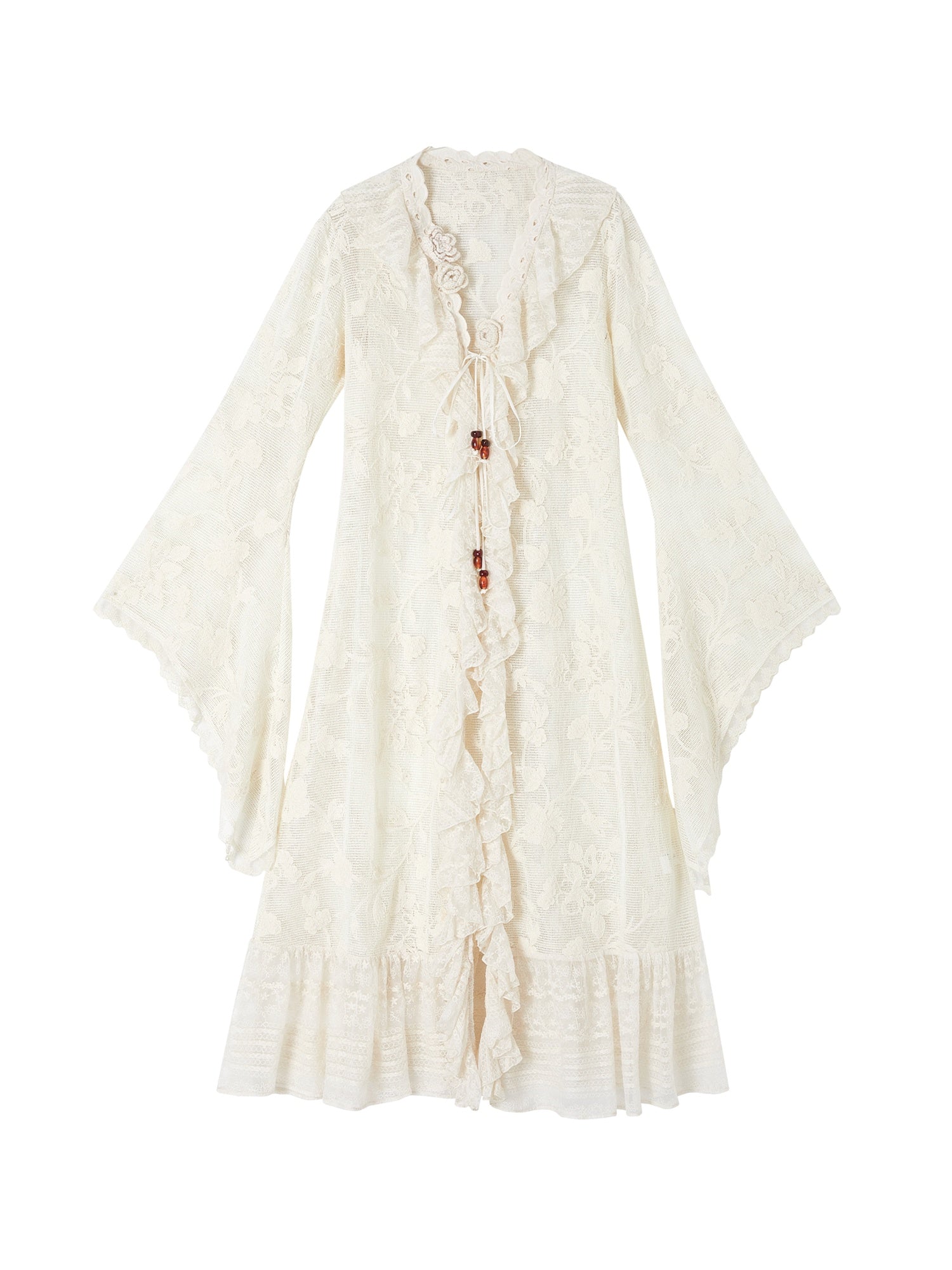 OfAkiva Breathable Lace Floral Tie Waist Slim Long Sleeve Casual Spliced Women Cardigans