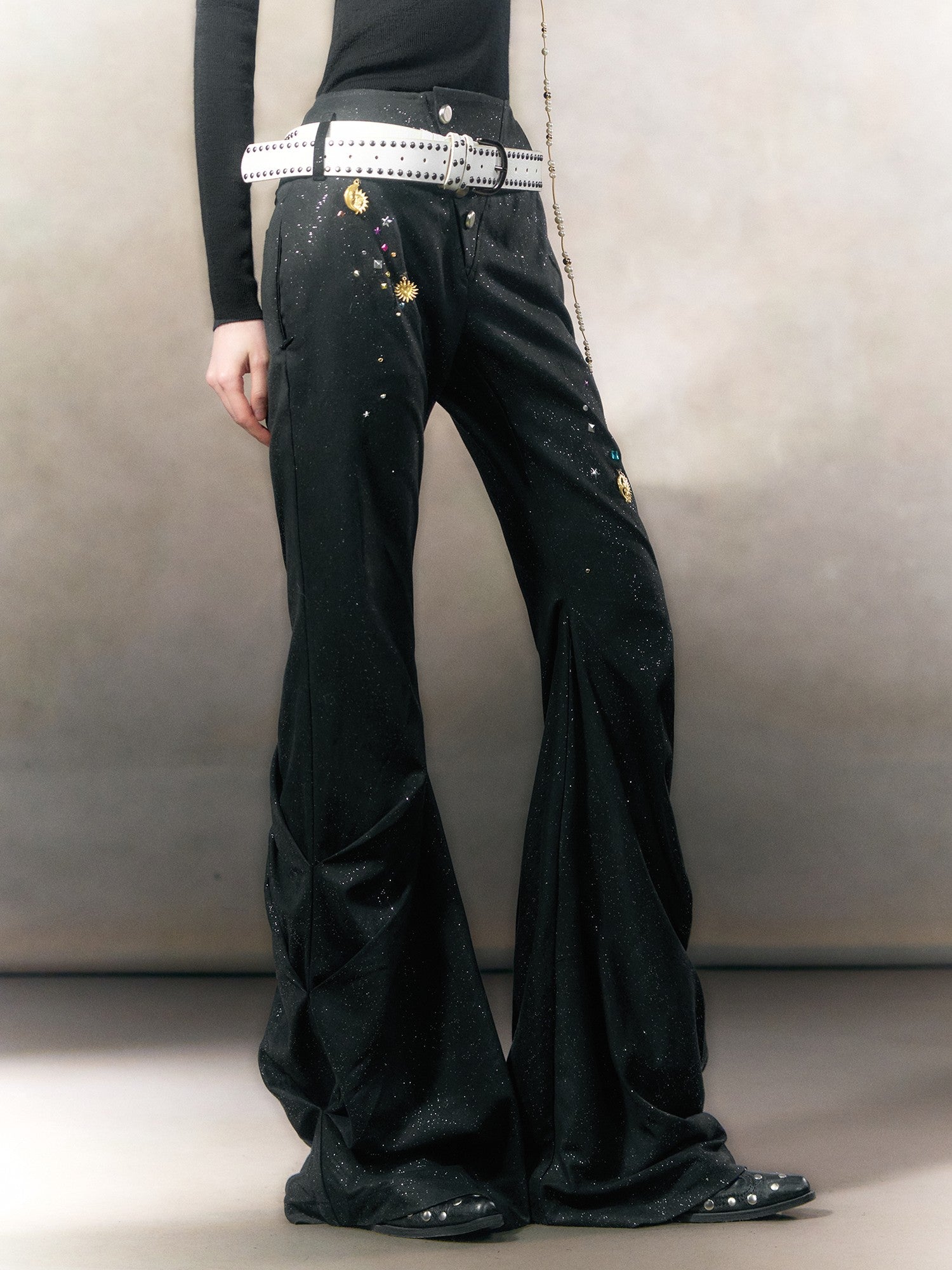 OfAkiva Rhinestone Low Waist Vintage Striped Slim Women Button Fly Flared Pants