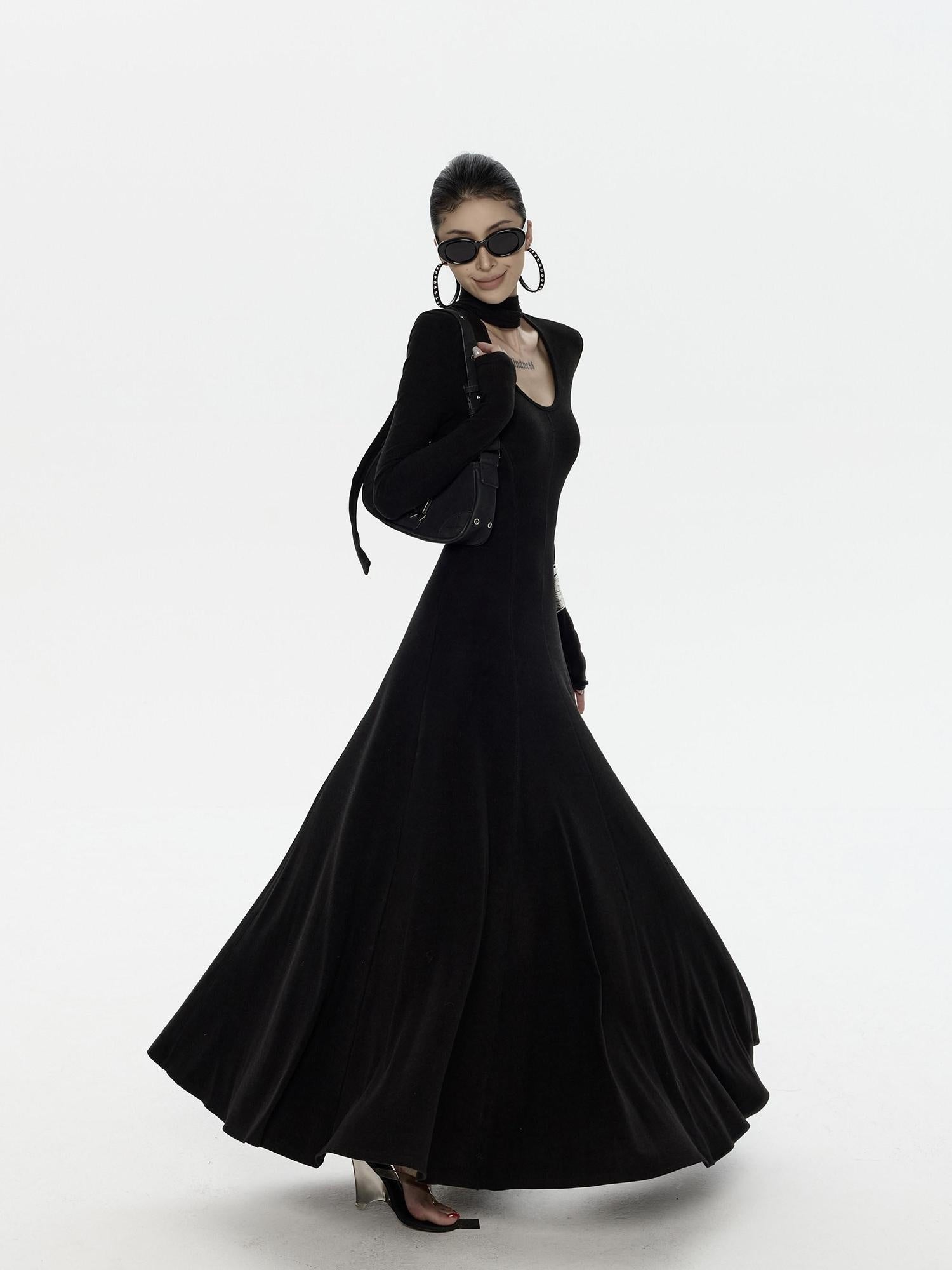 ZERO High Stretch Viscose Casual Flared Long Sleeve V-neck Women Maxi Dresses