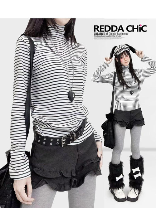 REDDACHIC Black White Stripe Gothic Half Collar Women'S Fleece Long Sleeve T-Shirts