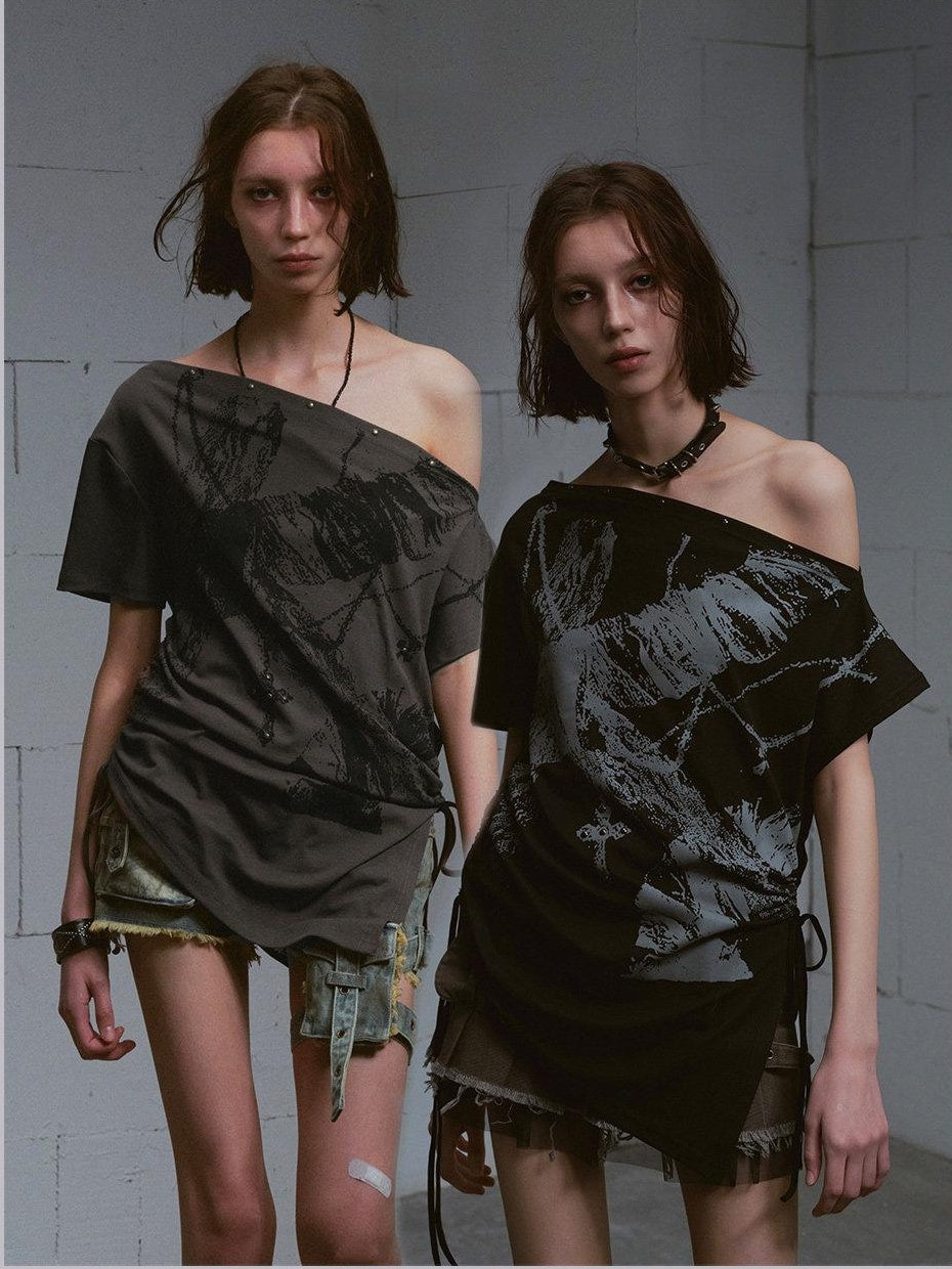 Cest Nous Lightweight Cotton Loose Punk Graffiti Asymmetric Tie Women Offshouldercroptops