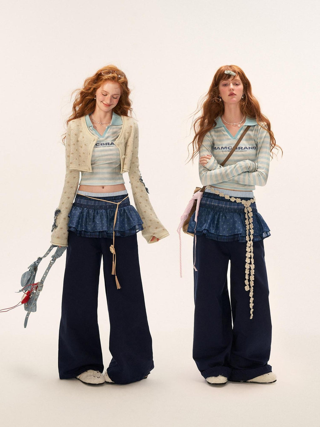 MAMC 100% Cotton Patchwork Relaxed Natural Waist Casual Womens Blue Wide Leg Pants