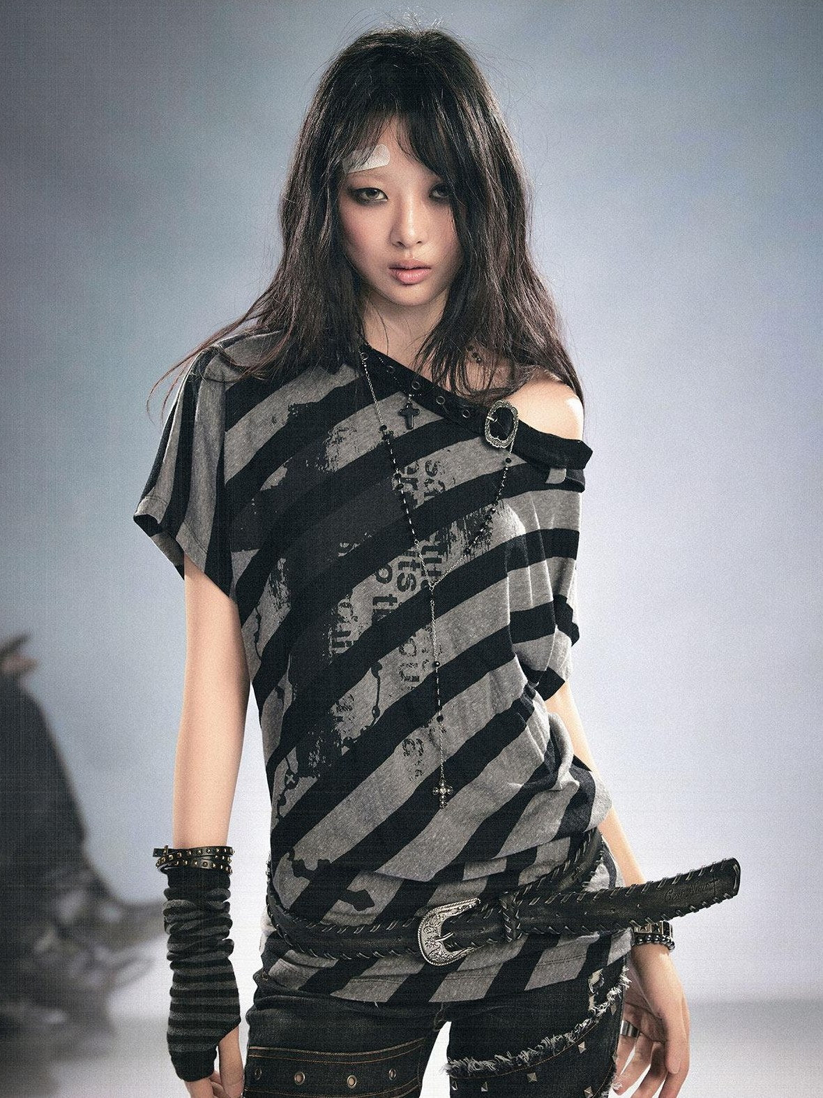Cest Nous Punk Stripe Batwing Short Sleeve Asymmetric Neck Black Grey Offshouldercroptops
