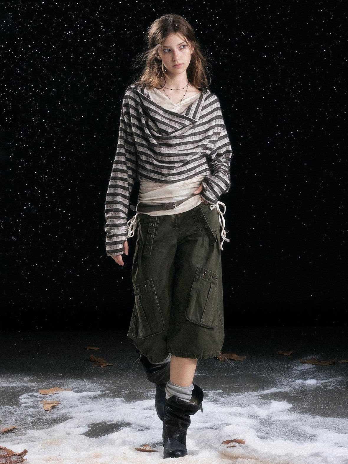 Cest Nous Distressed Relaxed Fit Hooded Striped Pullover Casual Women Viscose Knitwear