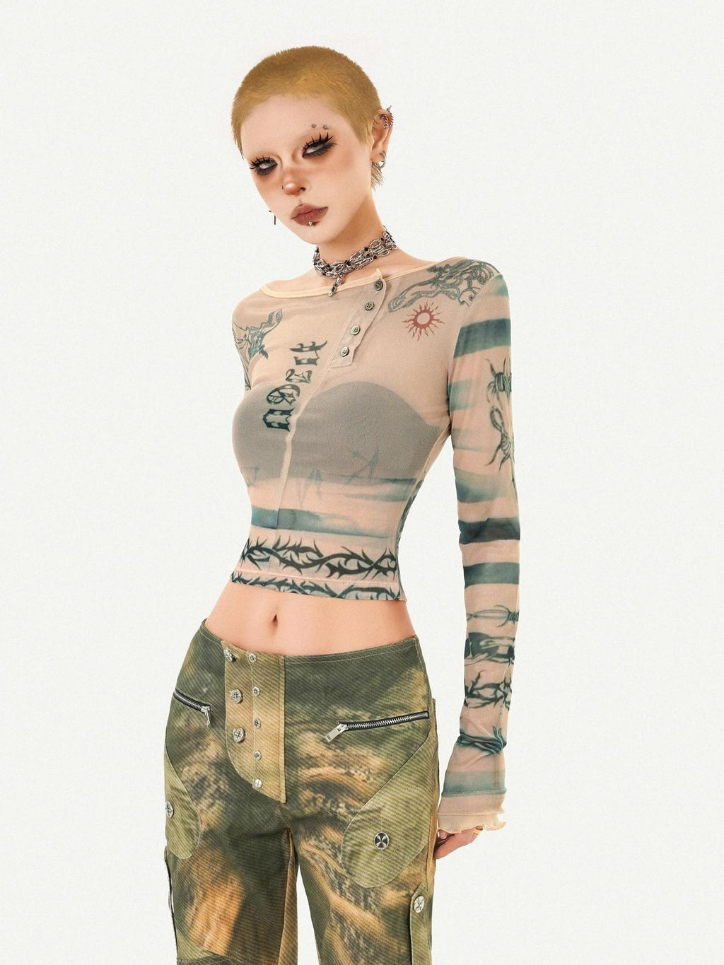 Nico Molly Vintage Tie Dye Floral Mesh Slim Fit Crew Neck Women Long Sleeve Crop Tops