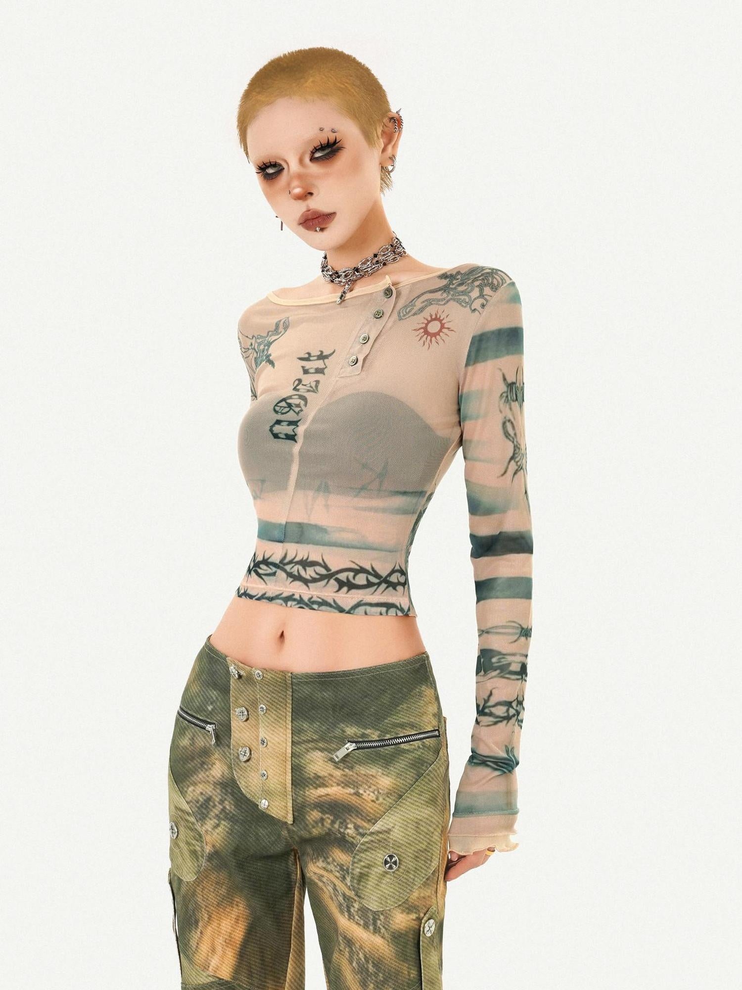 Nico Molly Vintage Tie Dye Floral Mesh Slim Fit Crew Neck Women Long Sleeve Crop Tops