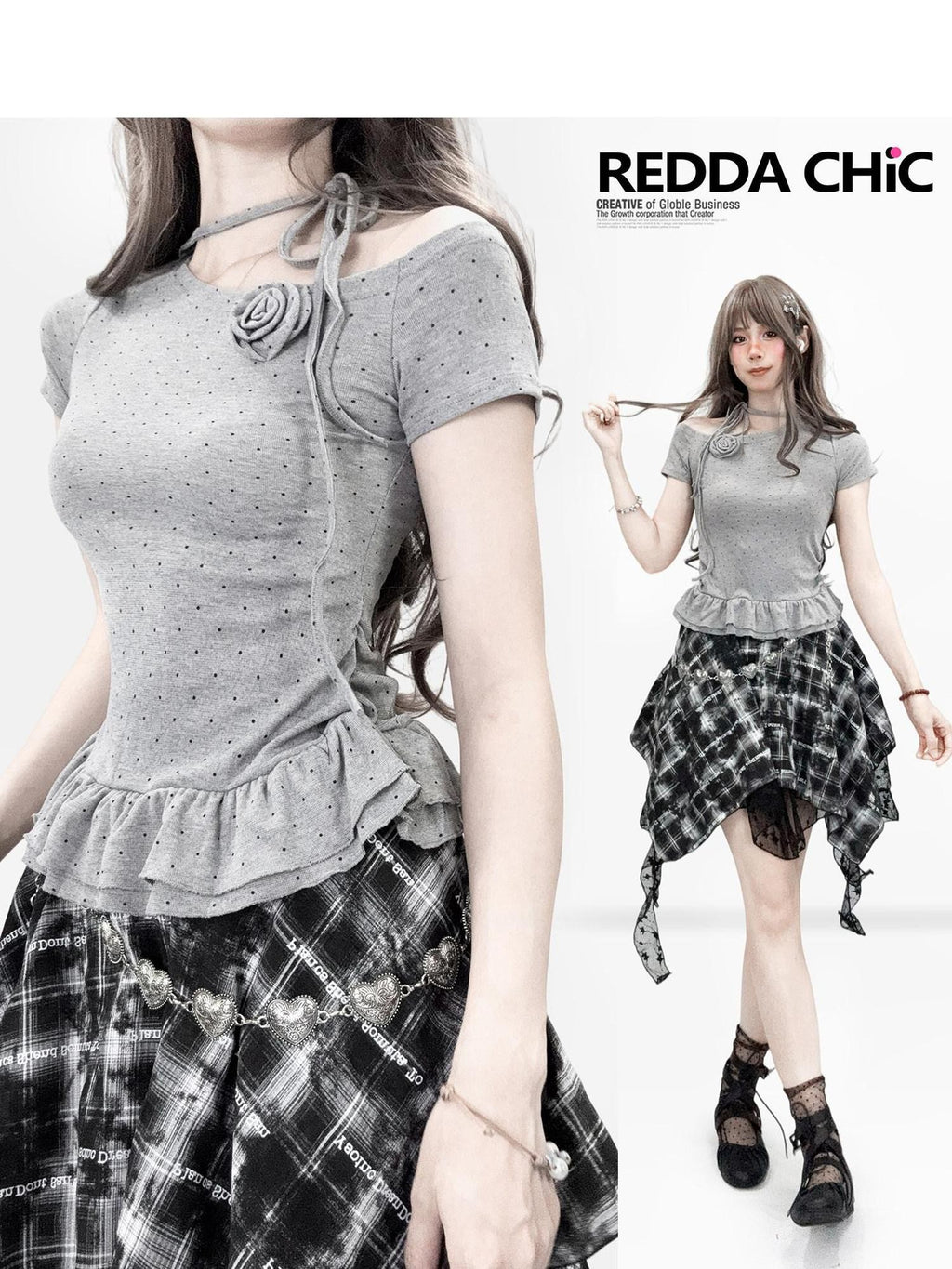 REDDACHIC Gray Polka Dot Slanted Shoulder Pleated Waist Tie Women'S Short Sleeve T-Shirts