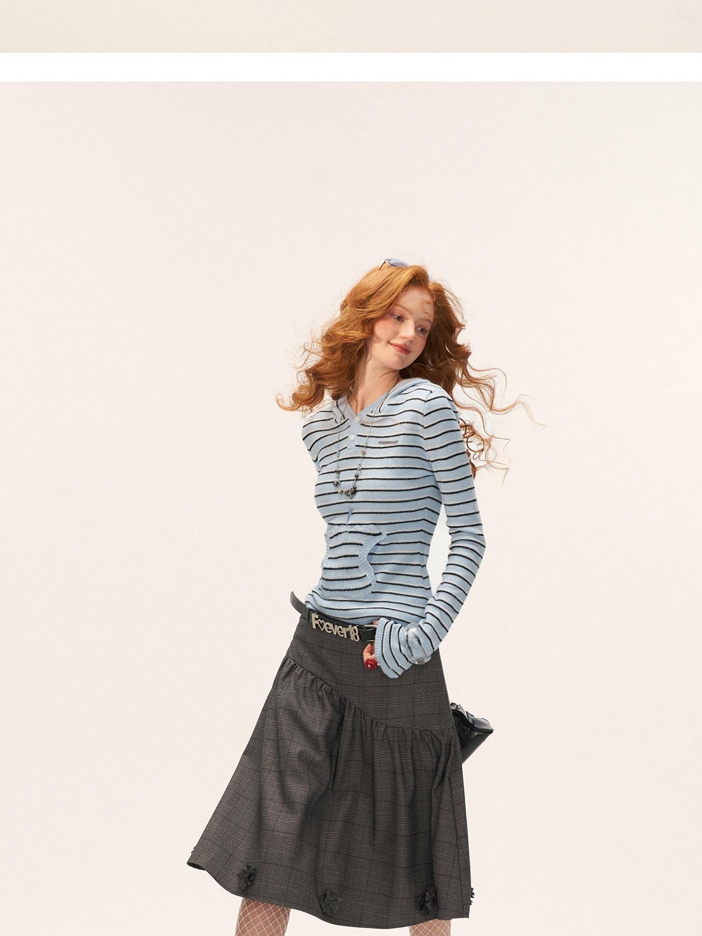 MAMC Sweet Hooded Striped Slim Fit Princess Style Long Sleeve Women Blue Knitwear