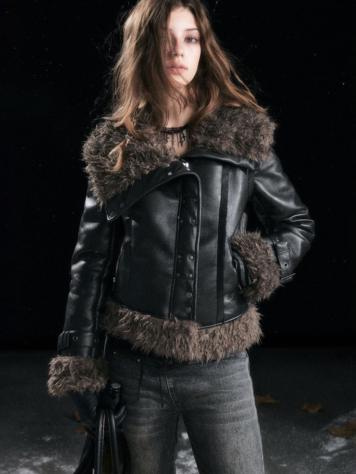 Cest Nous Slimming Thick Punk Straight Cut Faux Shearling Lapel Zip Women Croppedjackets