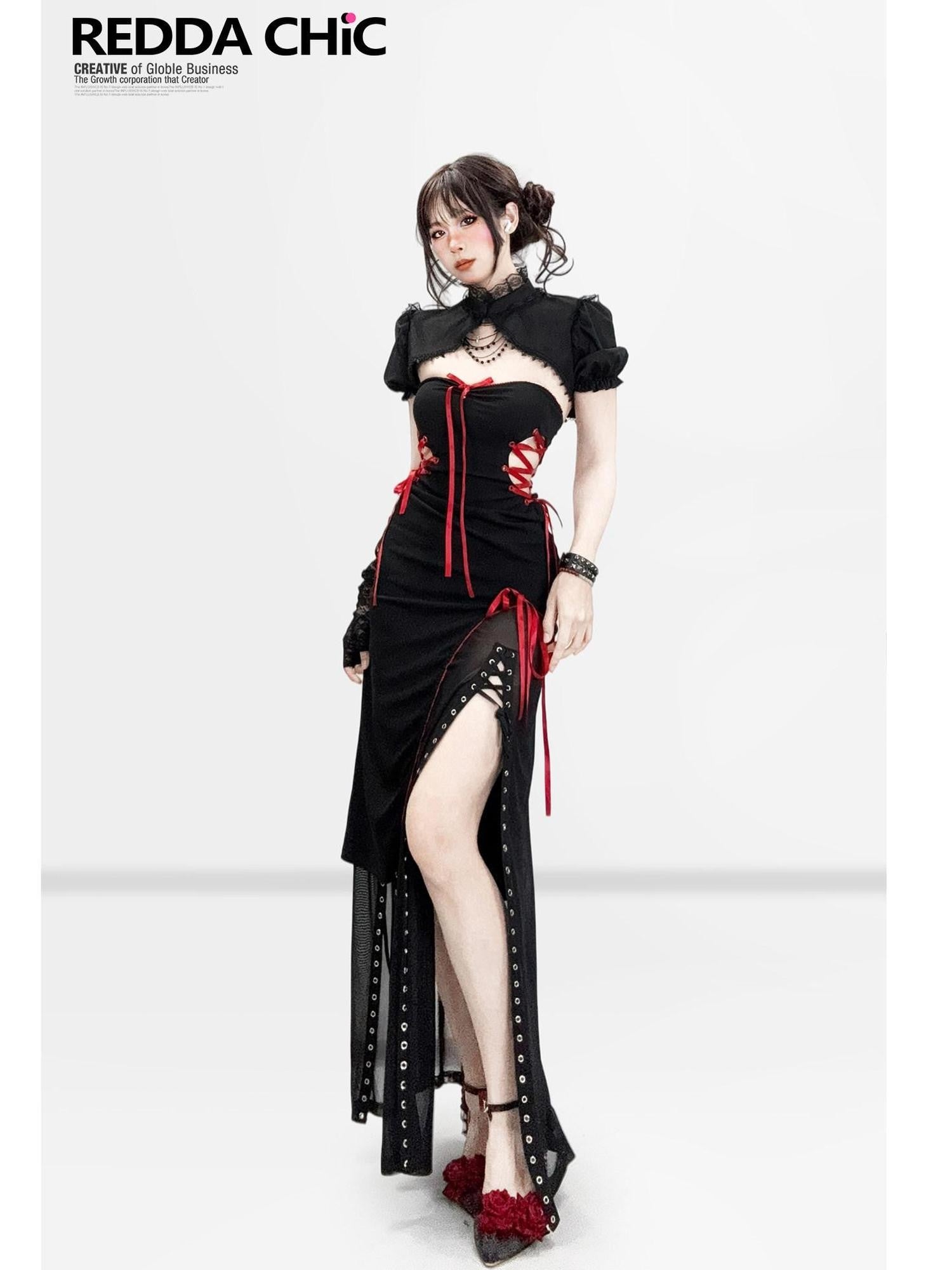 REDDACHIC New Chinese Gothic Colorblock Strapless Bodycon Pencil Women'S Top & Skirt Sets
