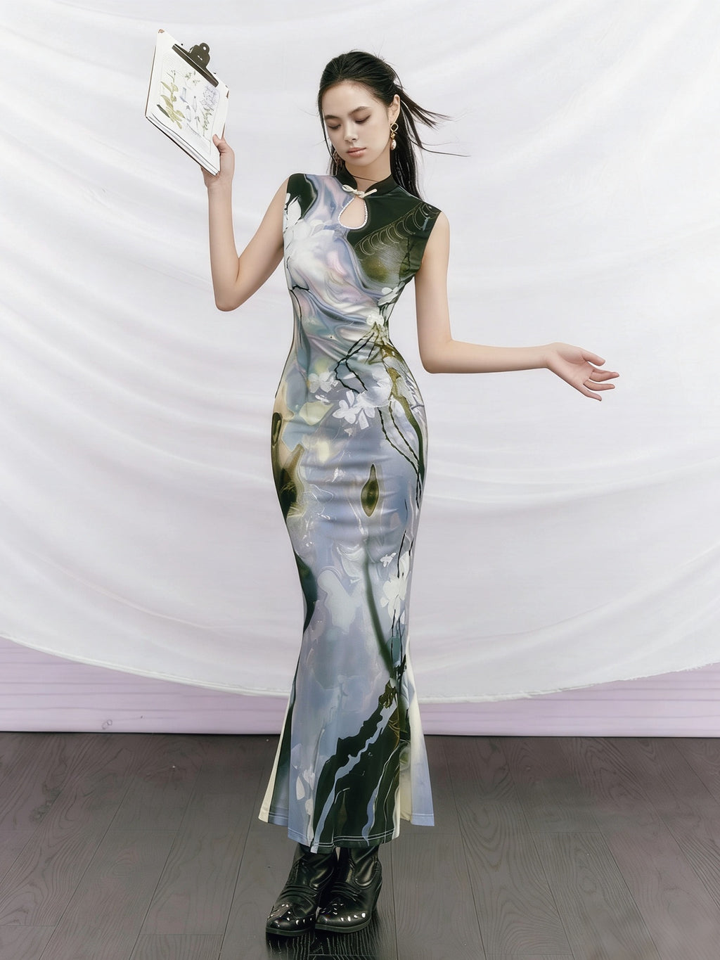 OfAkiva Printed High Waist Stand Collar Sleeveless Slim Mermaid Women Maxi Dresses