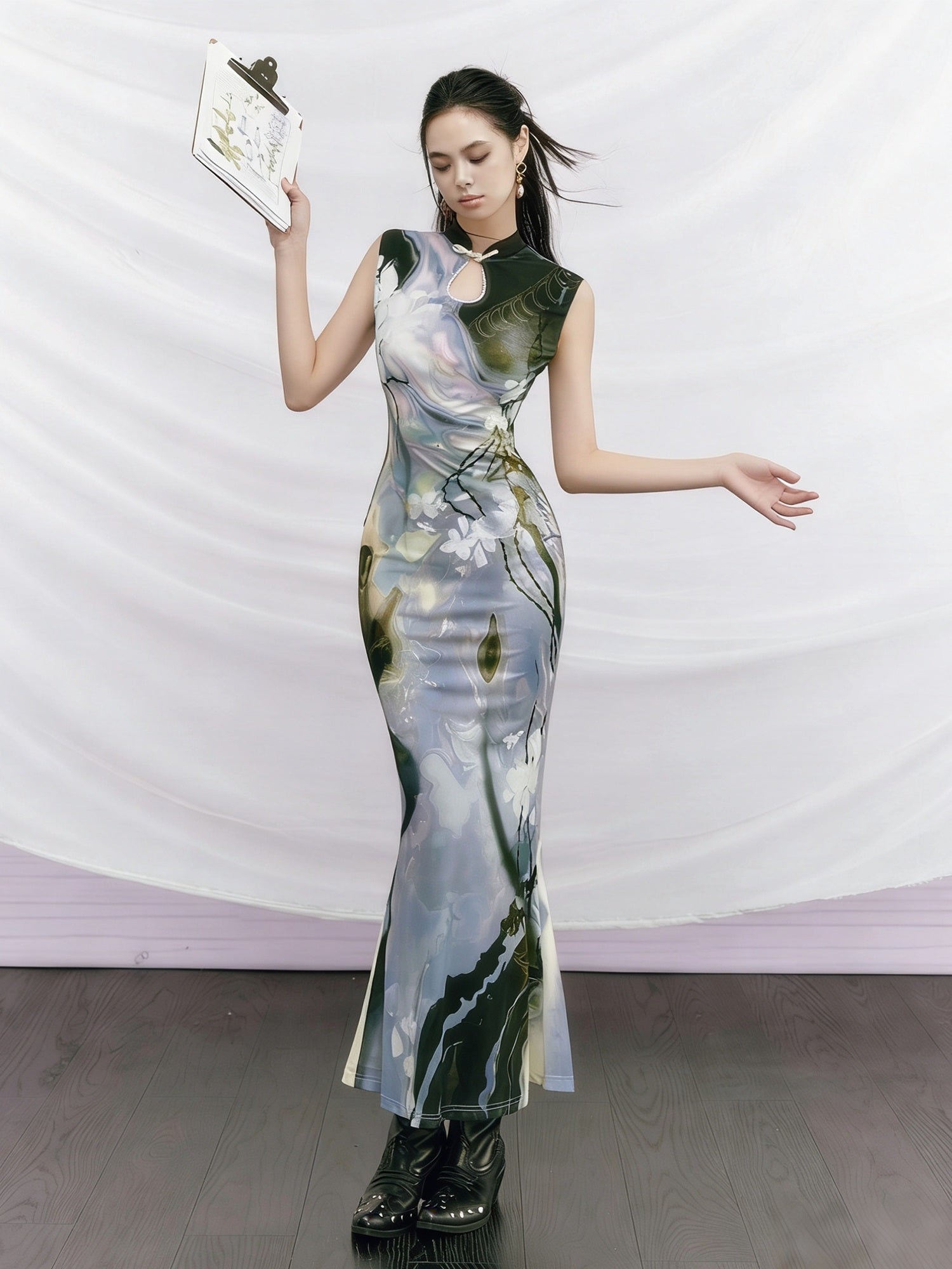 OfAkiva Printed High Waist Stand Collar Sleeveless Slim Mermaid Women Maxi Dresses