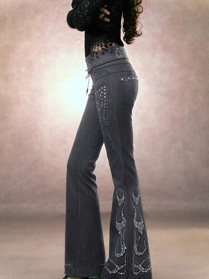 OfAkiva Rhinestone Embroidered Vintage Low Rise Slim Fit Casual Women Flared Pants