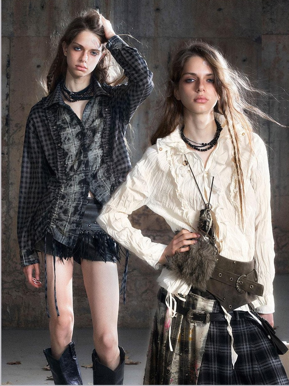 Cest Nous Punk Ruffle Check Straight Cardigan Long Sleeve Womens Casual Polyester Blouses