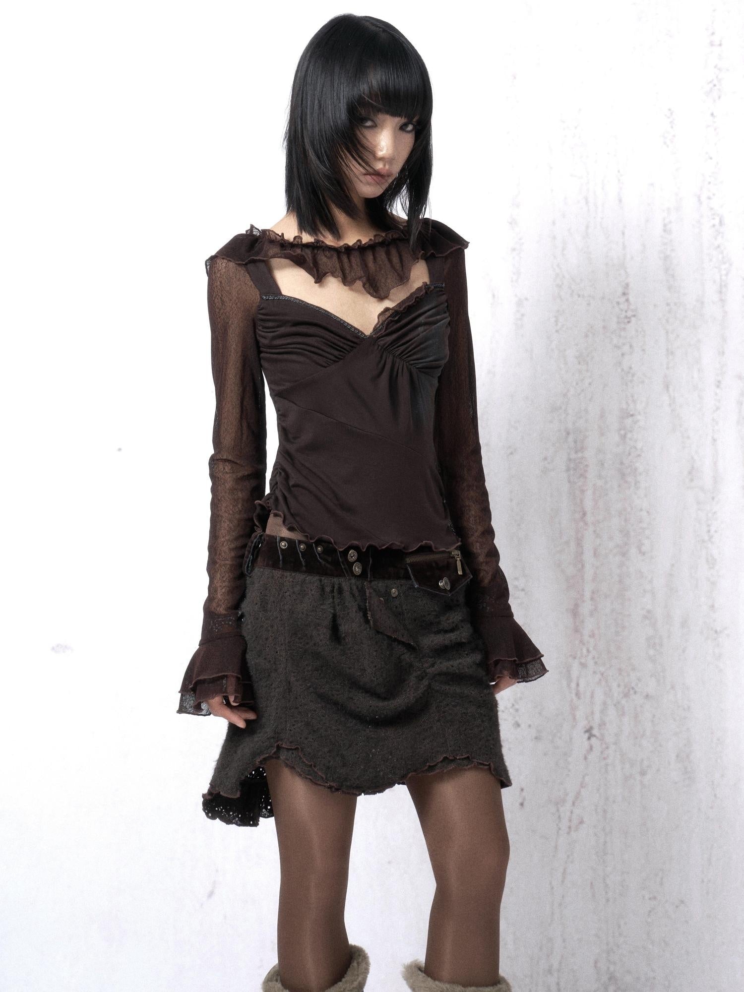 OPEN AESTHETIC Cotton Blend Vintage Lace Print Slim Bell Sleeve Dark Brown Long Sleeve T-Shirts