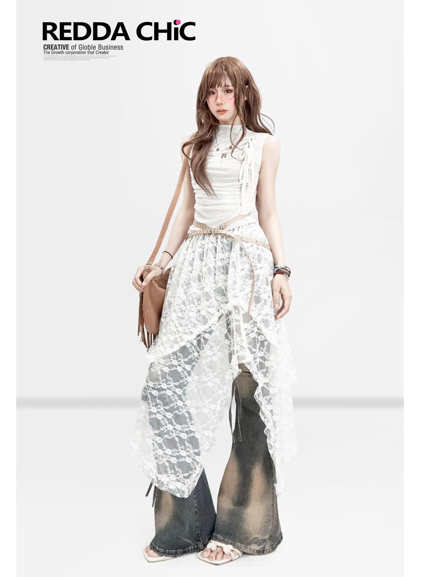 REDDACHIC Vintage Bohemian Asymmetric Spliced High Waist A Line Women'S Lace Midi Skirts