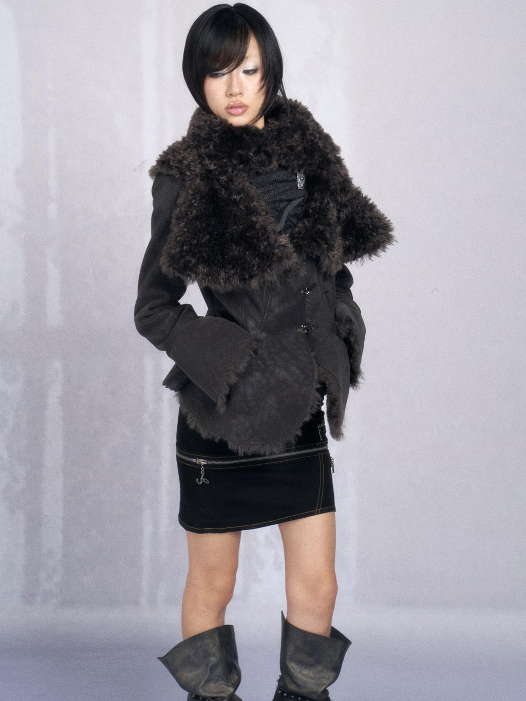 OPEN AESTHETIC Warm Faux Fur Oversized Lapel Collar Women Dark Aesthetic Black Casual Jackets