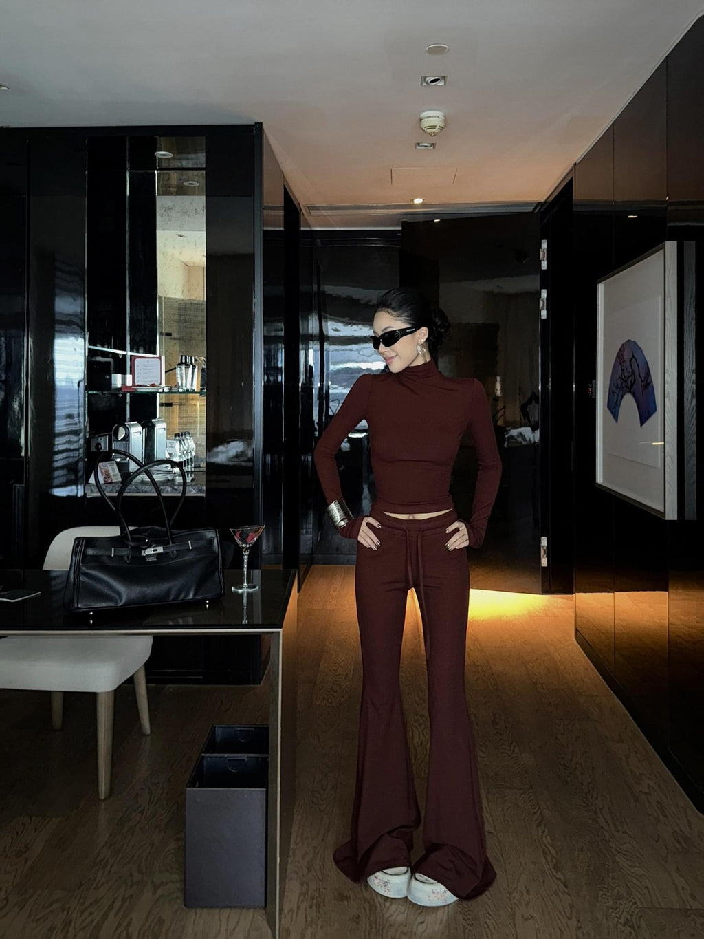 ZERO Slim Fit High Neck Long Sleeve Red Viscose Stretch Casual Women Top & Pants Sets