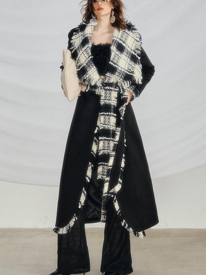 OfAkiva Warm Woolen Thick Hooded Slim Fit Checked Lapel Commuter Women Long Coats