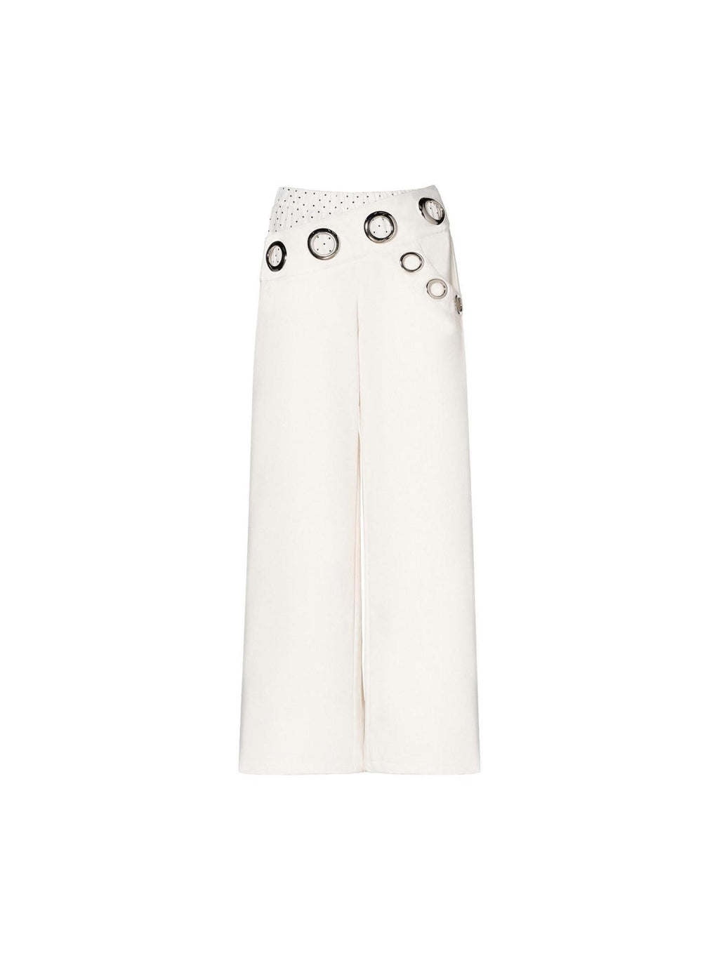 JYOSEI Asymmetric Polka Dot Patchwork Low Rise Workwear Wide Leg Cotton Straight Pants