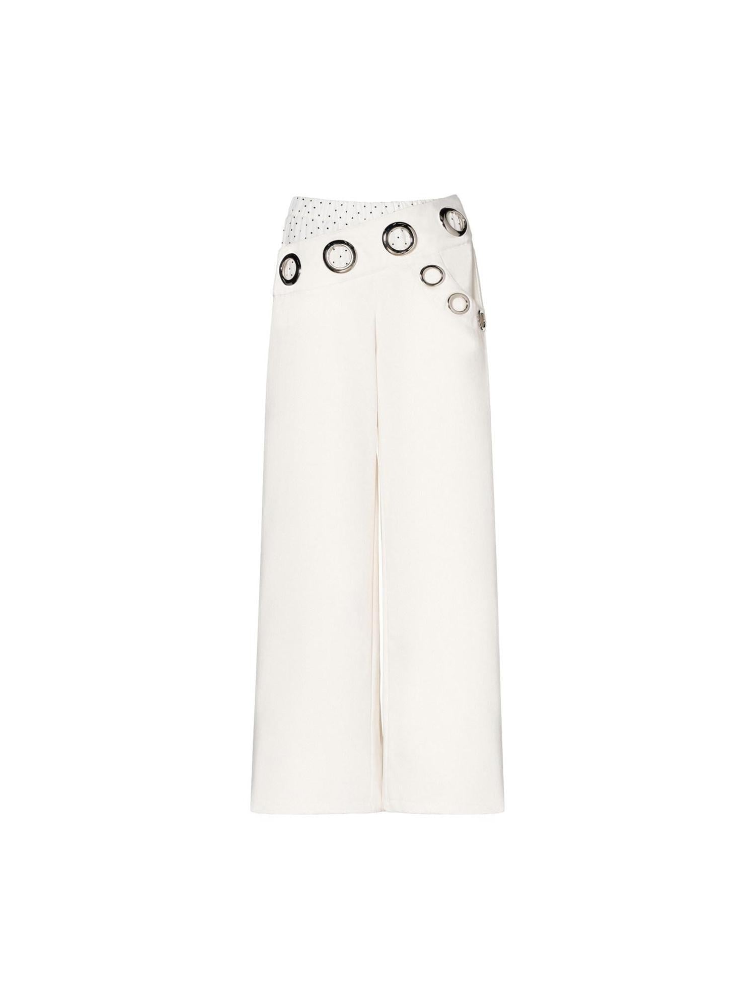 JYOSEI Asymmetric Polka Dot Patchwork Low Rise Workwear Wide Leg Cotton Straight Pants