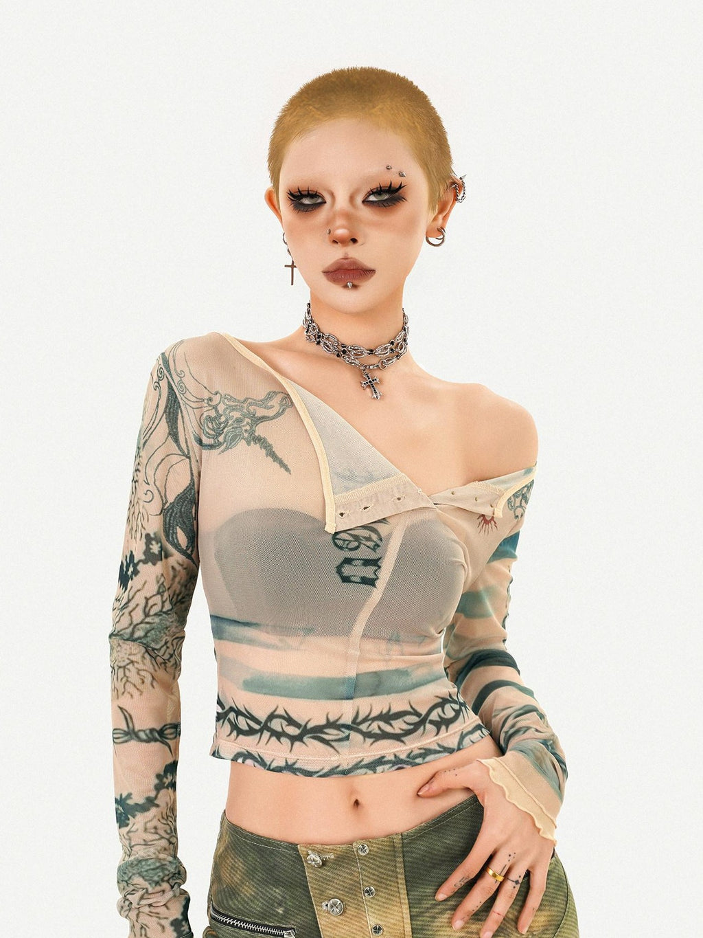 Nico Molly Vintage Tie Dye Floral Mesh Slim Fit Crew Neck Women Long Sleeve Crop Tops