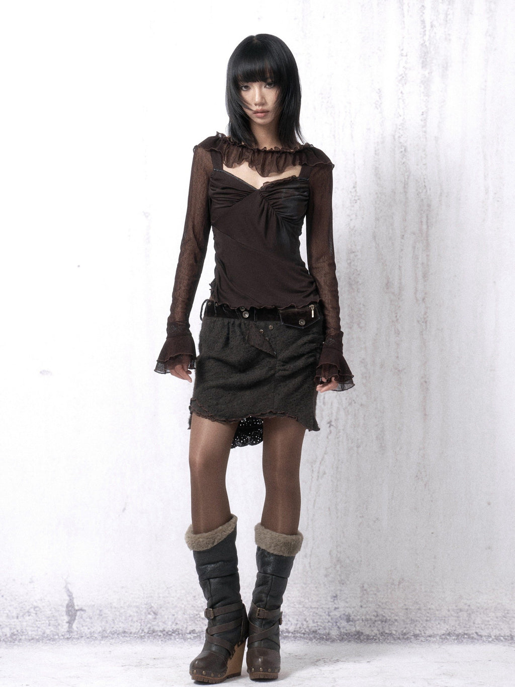 OPEN AESTHETIC Cotton Blend Vintage Lace Print Slim Bell Sleeve Dark Brown Long Sleeve T-Shirts