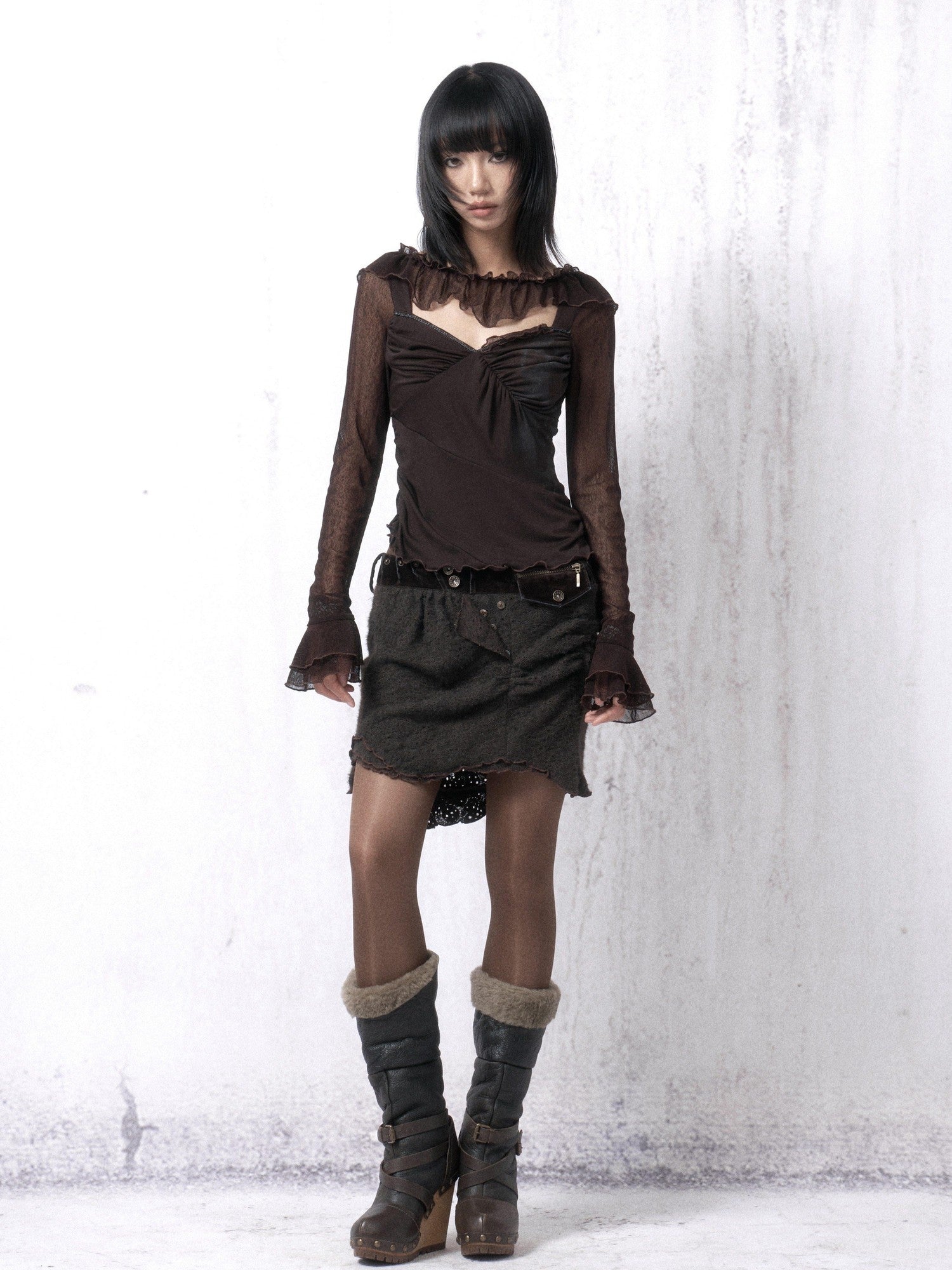 OPEN AESTHETIC Cotton Blend Vintage Lace Print Slim Bell Sleeve Dark Brown Long Sleeve T-Shirts
