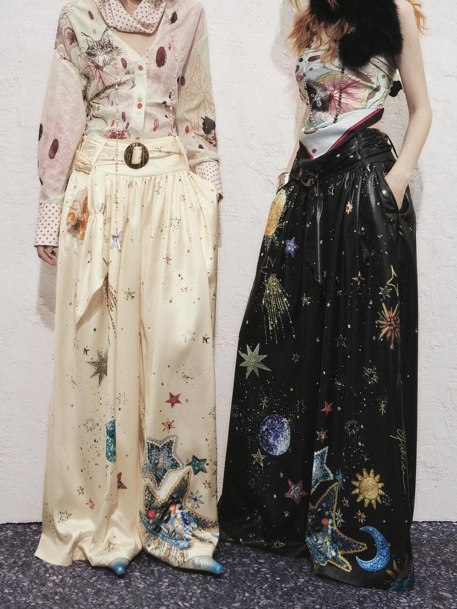 OfAkiva High Waist Starry Galaxy Print Casual Pockets Elastic Waist Women Wide Leg Pants
