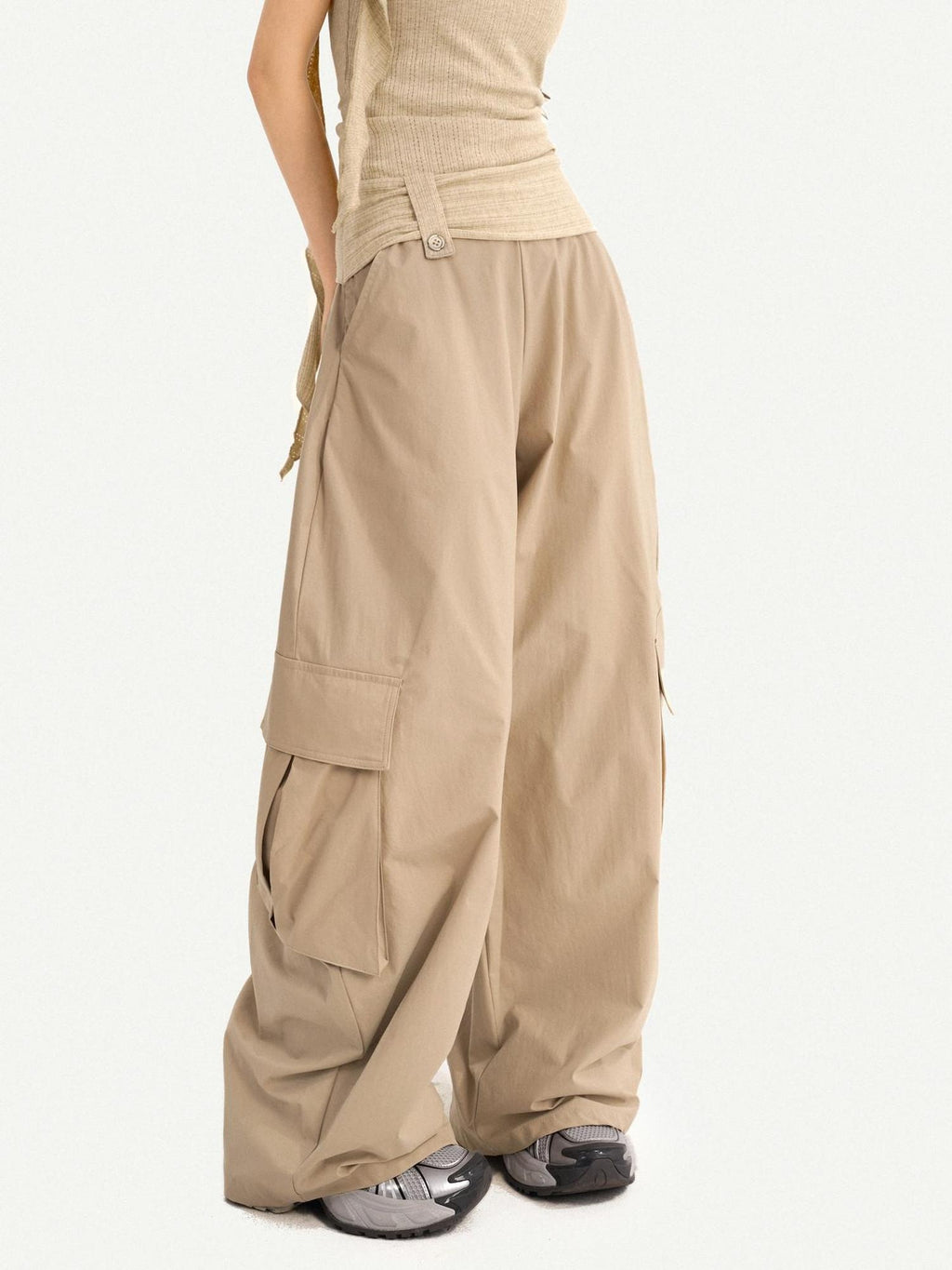 Nico Molly High Waist Khaki Loose Straight Leg Pockets Button Fly Casual Women Cargo Pants