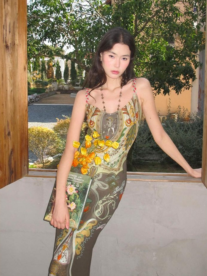 OfAkiva Vintage High Waist Sleeveless Printed Mermaid Women Vacation Maxi Dresses