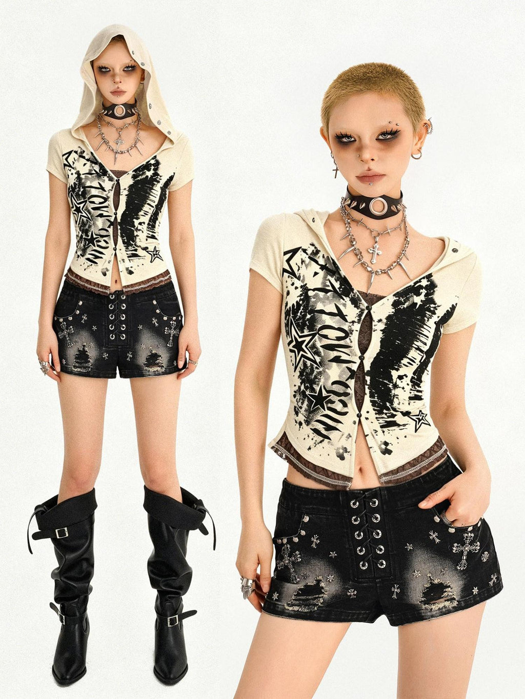 Nico Molly Cinched Waist Lace Skull Punk Faux Two Piece Cropped Women Off White Hoodie