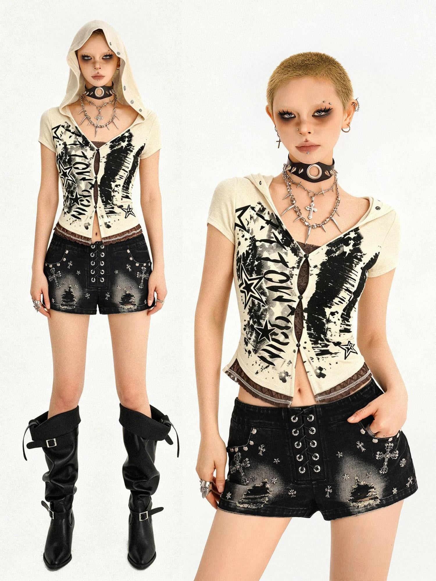 Nico Molly Cinched Waist Lace Skull Punk Faux Two Piece Cropped Women Off White Hoodie