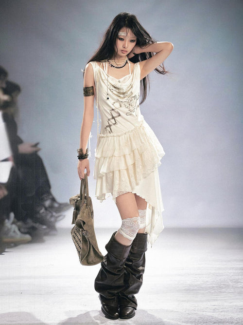 Cest Nous Breathable Lyocell Slim Fit Sleeveless Collared Irregular Hem Beige Mididresses