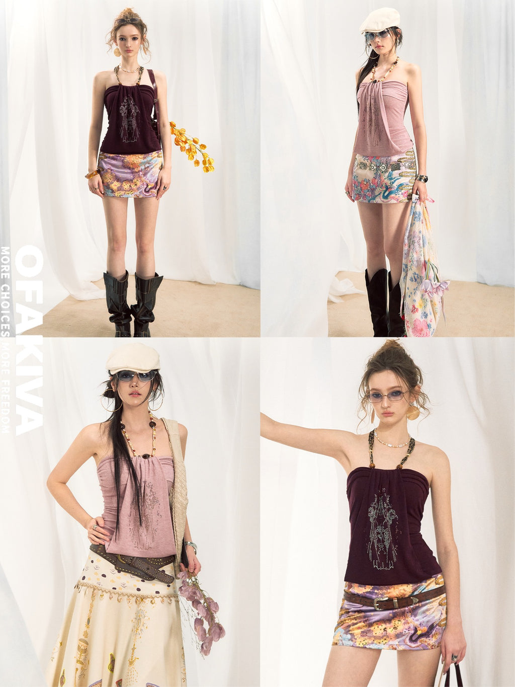 OfAkiva Slim Fit Halter Neck Short Crop Burgundy Pink Ladies Casual Camisoles