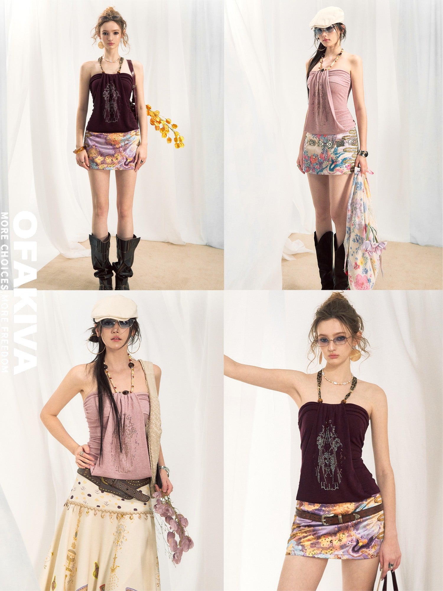 OfAkiva Slim Fit Halter Neck Short Crop Burgundy Pink Ladies Casual Camisoles