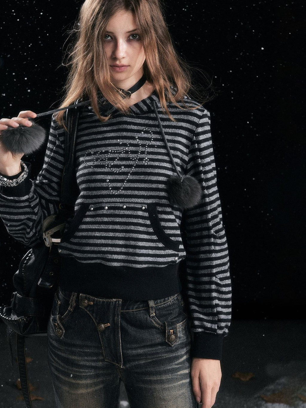Cest Nous Acrylic Blend Loose Fit Commuter Pullover Women Striped Black Gray Hooded Hoodie