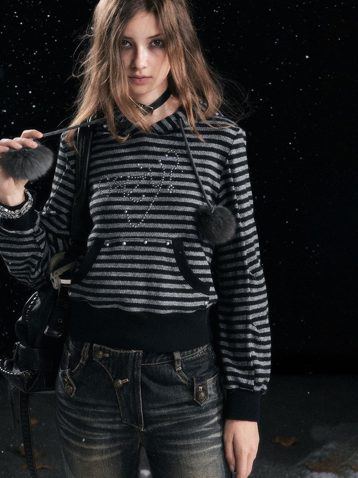 Cest Nous Acrylic Blend Loose Fit Commuter Pullover Women Striped Black Gray Hooded Hoodie