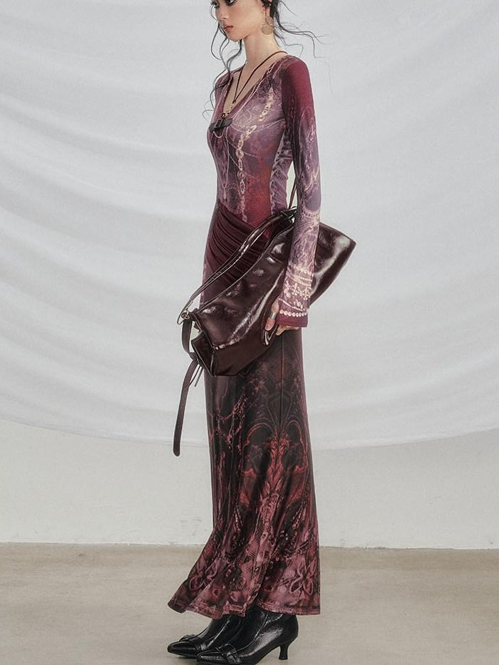 OfAkiva High Stretch High Waist Vintage Floral V-neck Long Sleeve A Line Maxi Dresses
