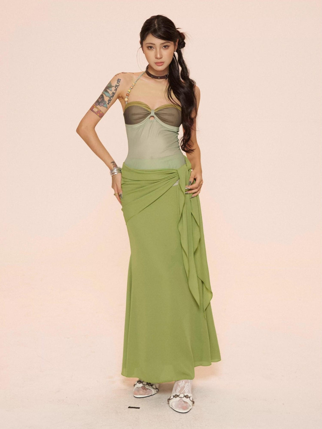 ZERO Sweet Tie Halter Slim Padded Cropped Green Polyester Camisoles