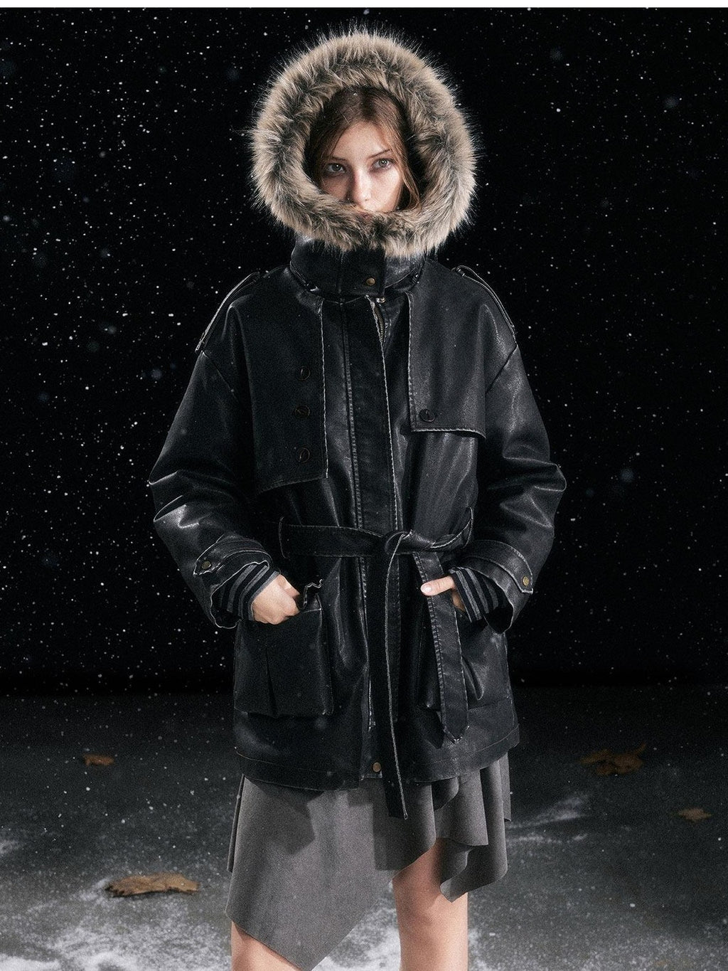 Cest Nous Insulated Commuter Hooded Straight Women Washed Black Leatherjackets