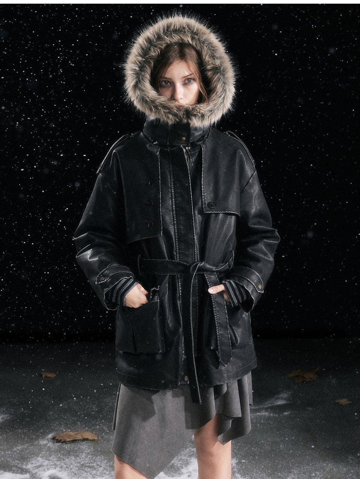 Cest Nous Insulated Commuter Hooded Straight Women Washed Black Leatherjackets