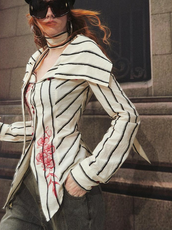 OfAkiva 100 Percent Cotton Breathable Slim Fit Puff Sleeve Striped Cardigan Blouses