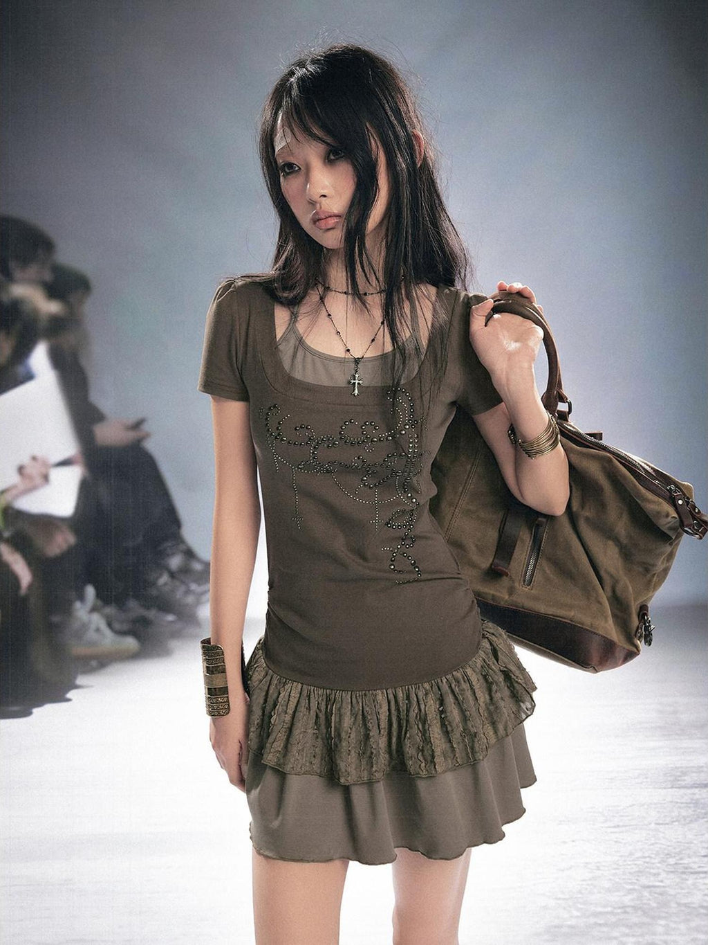 Cest Nous Rhinestone Patchwork Faux Two Piece Short Sleeve Women Sage Green Minidresses
