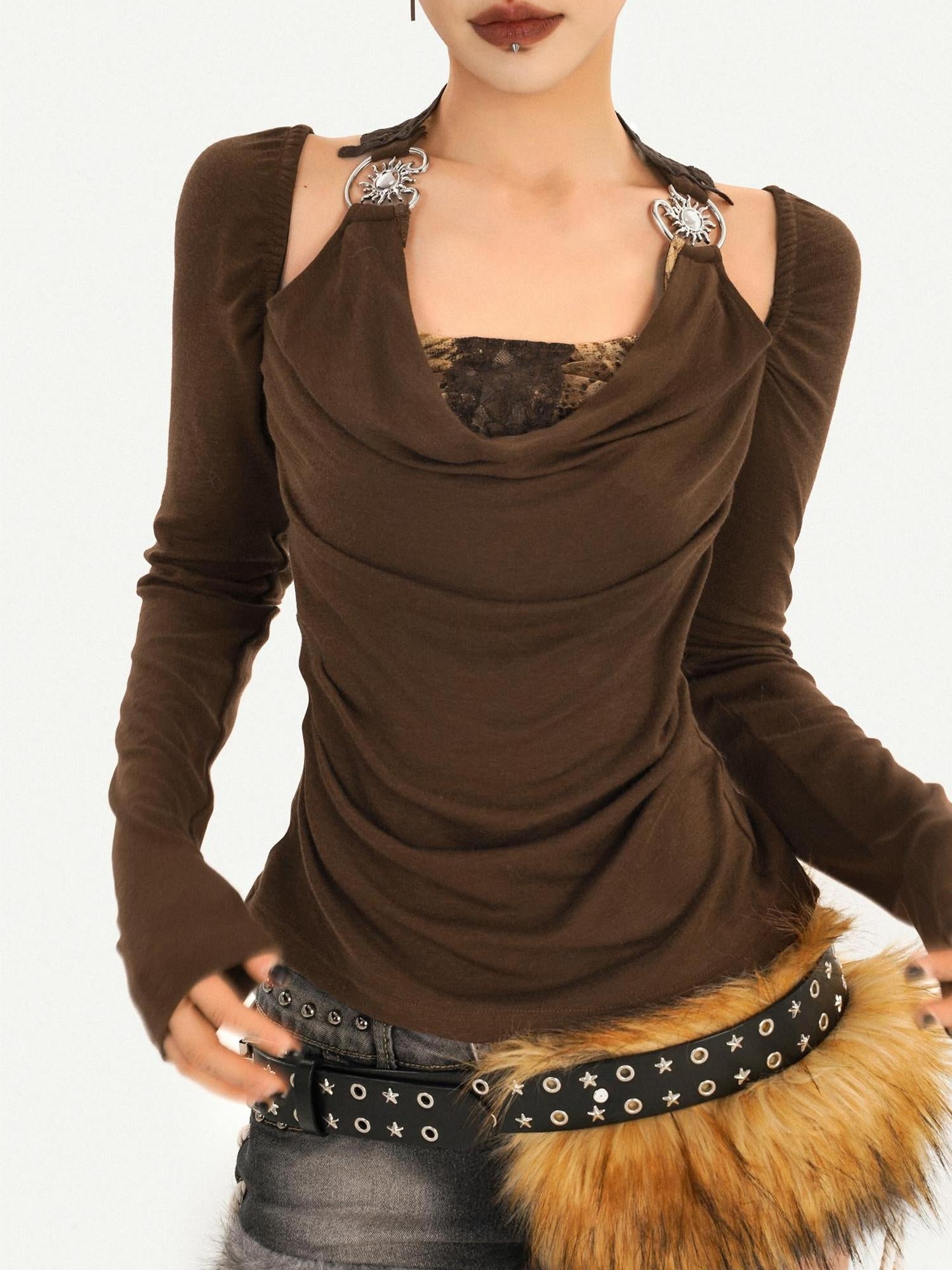 Nico Molly Sexy Backless Bardot Flared Sleeve Coffee Brown Leather Long Sleeve T-Shirts