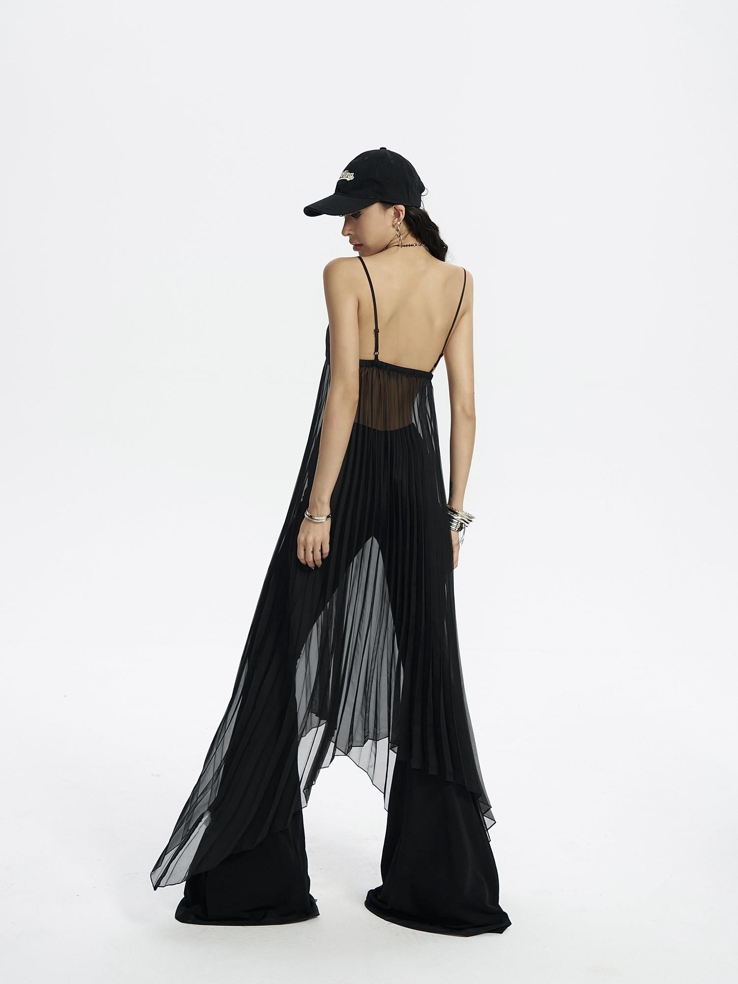 ZERO Soft Pleated Street A Line Cami Strap V-neck Women Polyester Black Midi Dresses